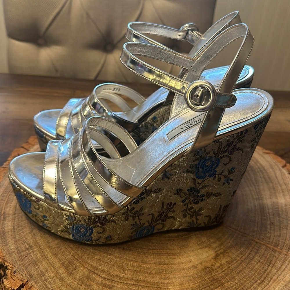 Prada Metallic Silver Brocade Platform Heels - image 2